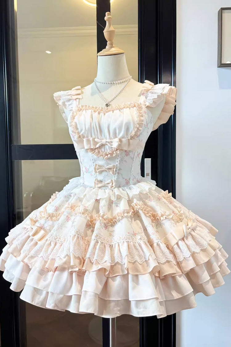Floral Printed Multi-Layer Lace Sweet Lolita Tiered Dress - Ruffled Bowknot