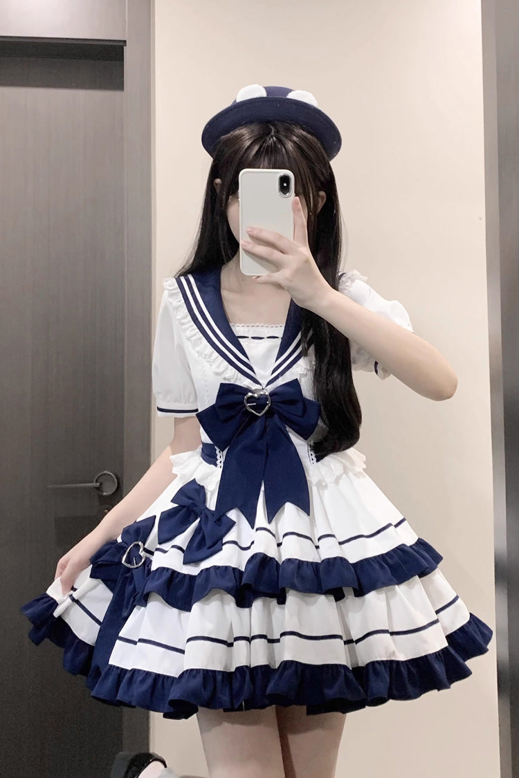Dark Blue Double Layer Ruffled Sweet Lolita Dress - Short Sleeved Lace