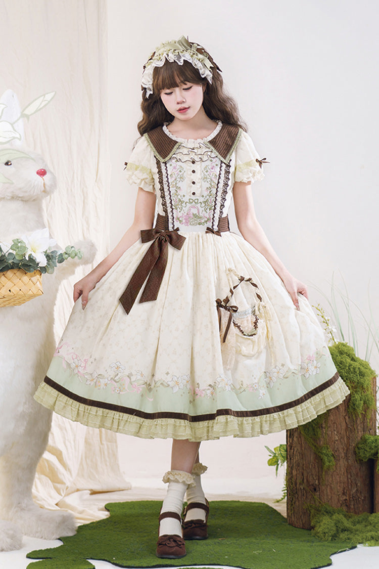 Green Ivory Lily Short Sleeve Print Ruffle Embroidery Bow Lace Sweet Dress