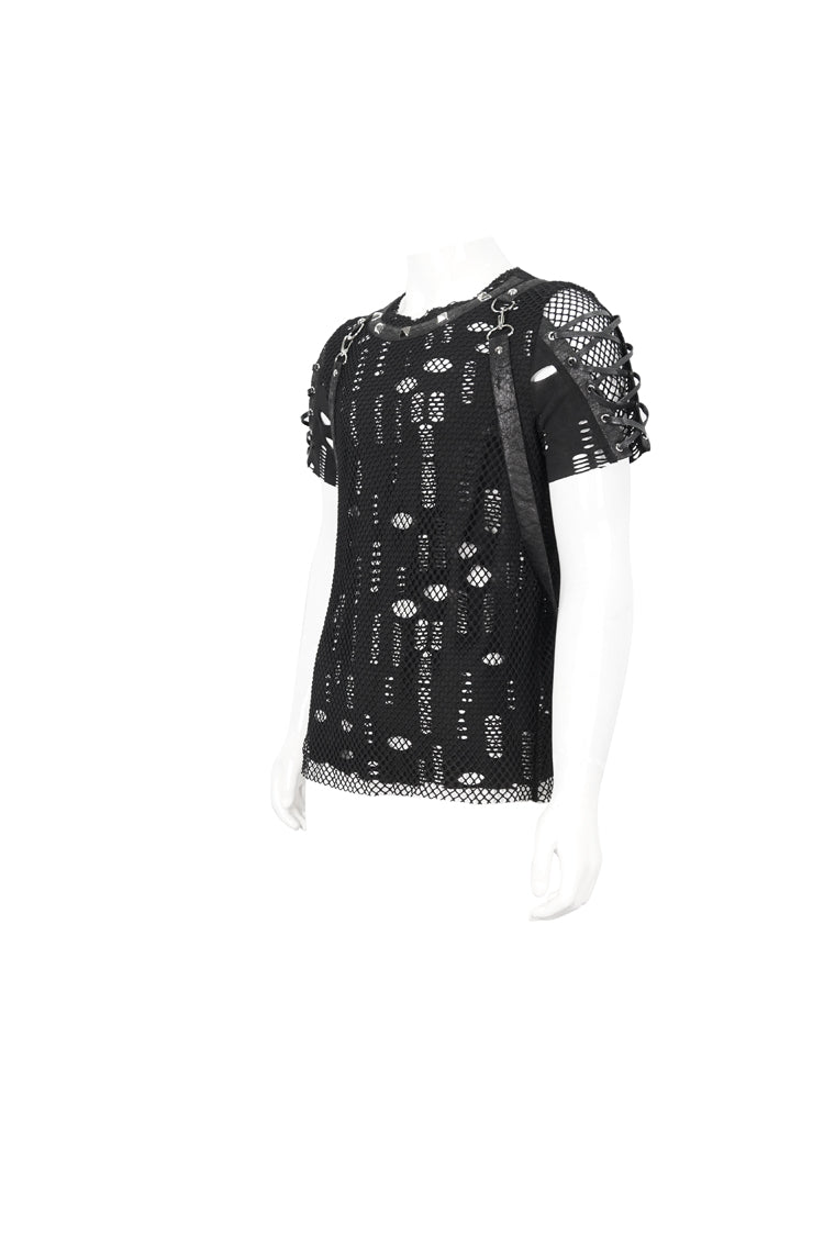 Punk T-Shirt for Men with Half Hollow Shoulder Tie Accent