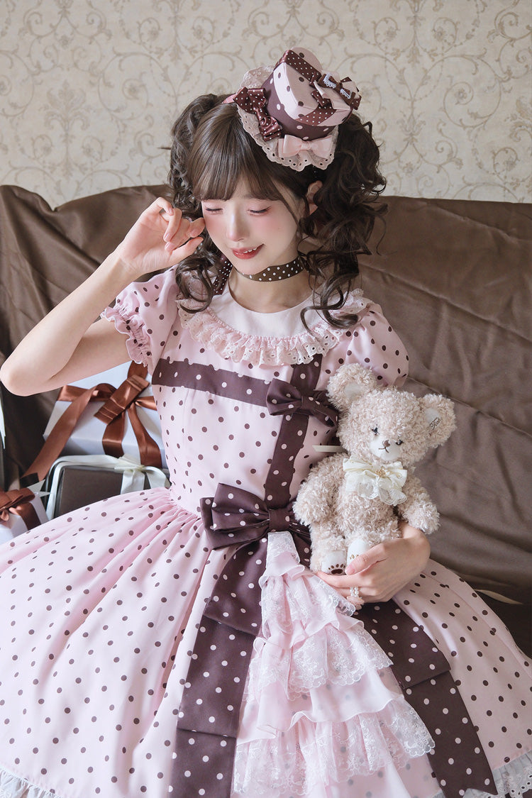 Canelé Gift Box Round Collar Short Sleeves Double-Layered Printed Polka Dot Ruffled Open-Front Bow Asymmetric Sweet Lolita Dress - Pink