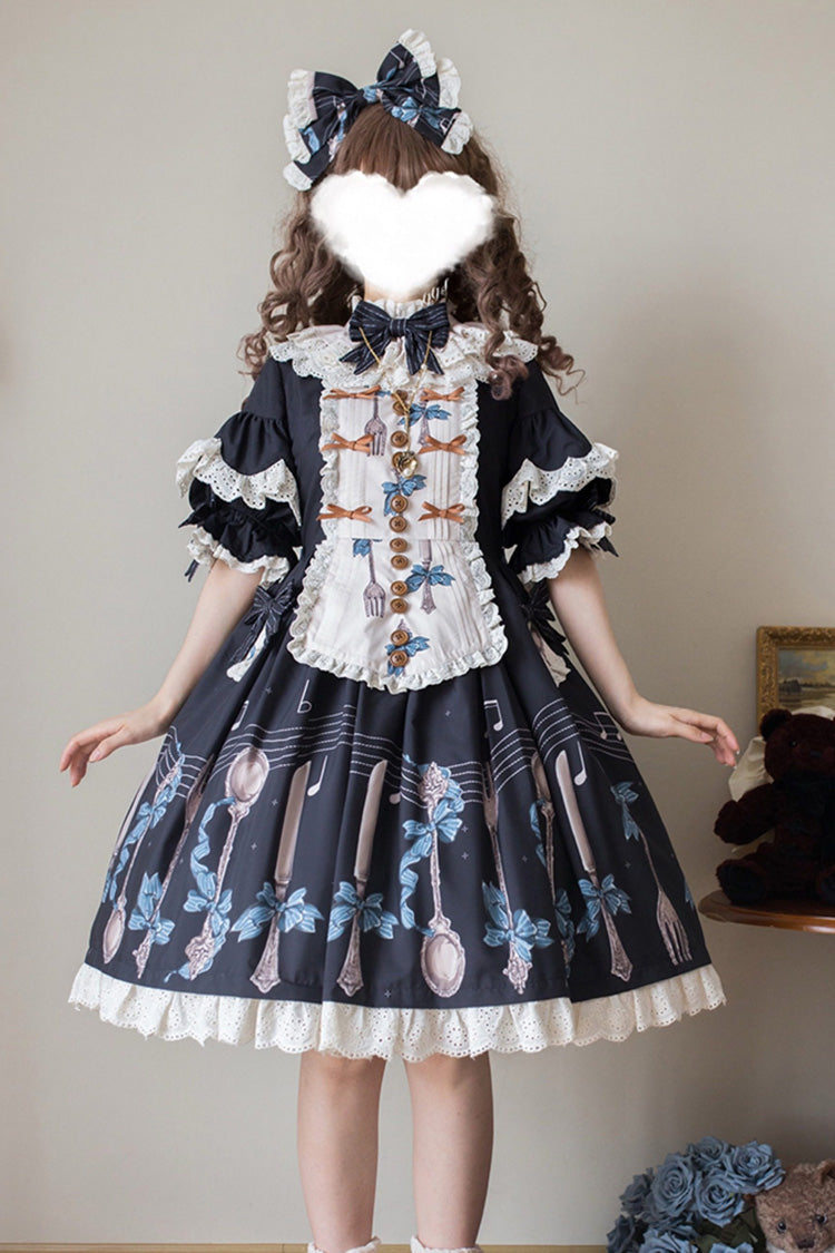 Navy Witch's Banquet Round-Collar Short-Sleeve Printed Ruffled Embroidered Bow Lace Sweet Lolita JSK