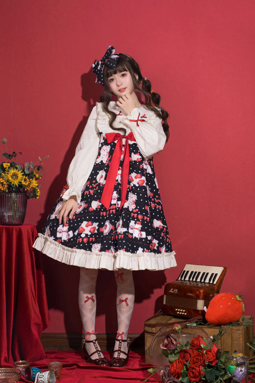 Strawberry Milk Print Lolita OP Dress - High Waist, Sweet