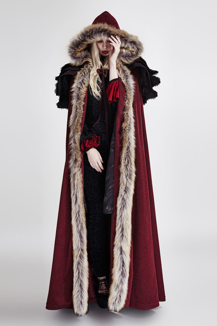 Crimson Hooded Fur-Collar Wool Gothic Cloak Coat