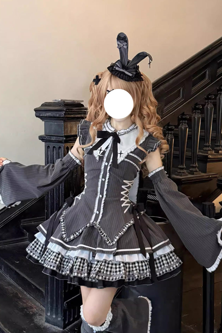 Detachable Hime Sleeve Printed Ruffled Bow Lace-Up Gothic Lolita Set