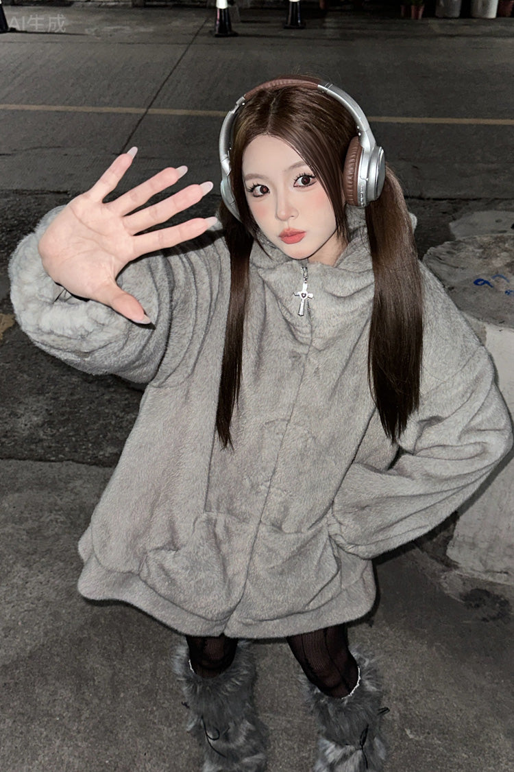 Grey Mouse-Ear Hooded Zip-Up Gothic Jirai Coat