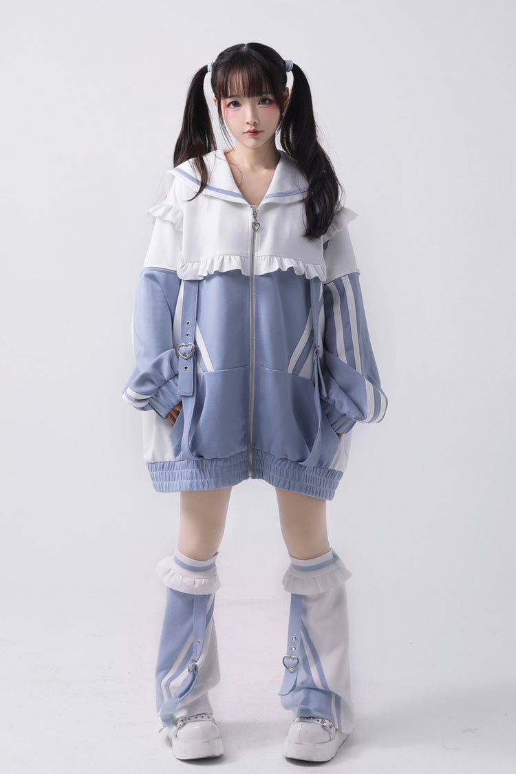Ruffle Color Block Zip Up Jirai Coat with Long Sleeves in Three Variants