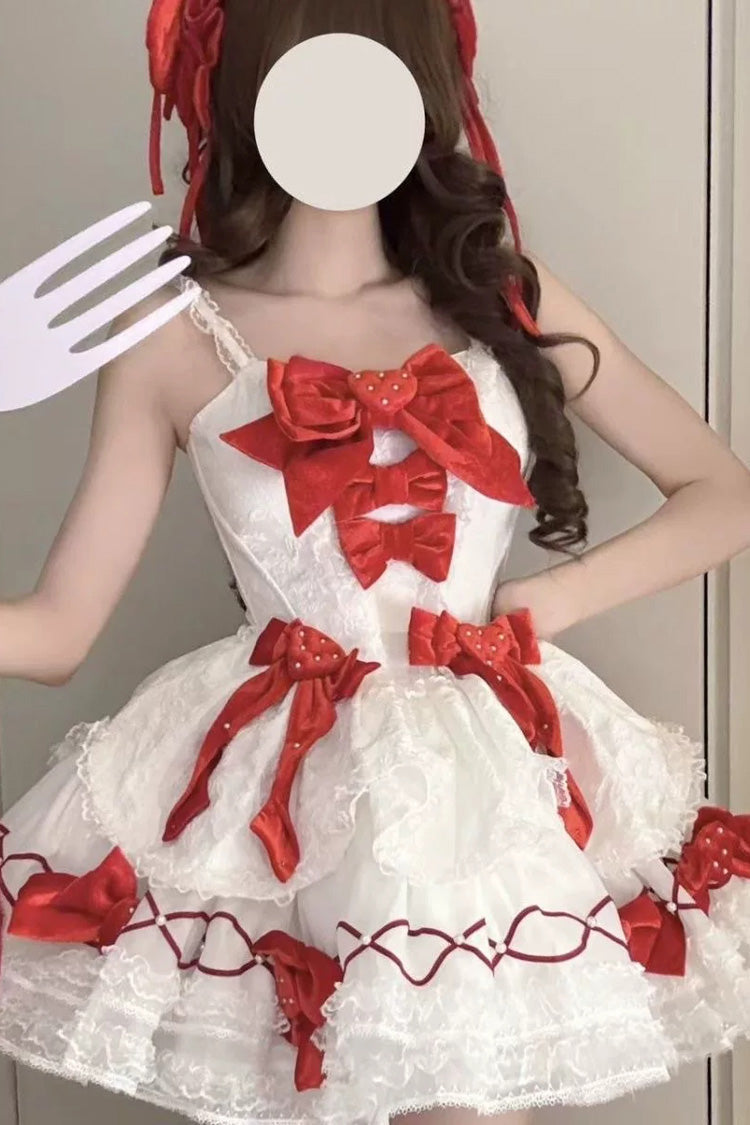 Ivory and Red Jasmine Rain Strawberry Square Neck Sleeveless Triple-Layer Jacquard Bow Lolita JSK