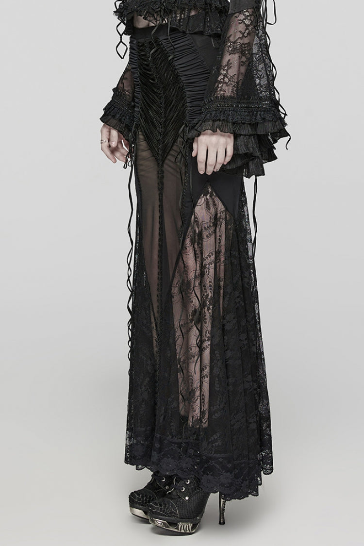 Sheer Wrapped Hip Gothic Skirt for Women with Lace Detail