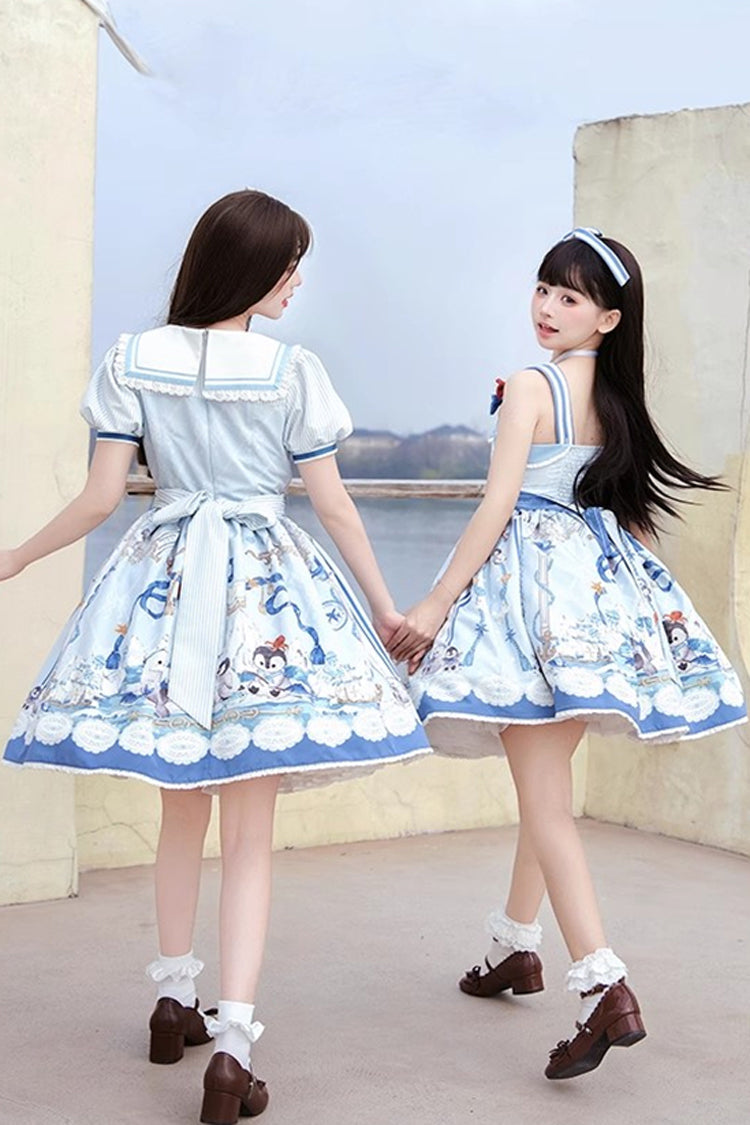 Penguin Navy Short Sleeve Print Ruffle Bow Princess Lolita Dress in Blue