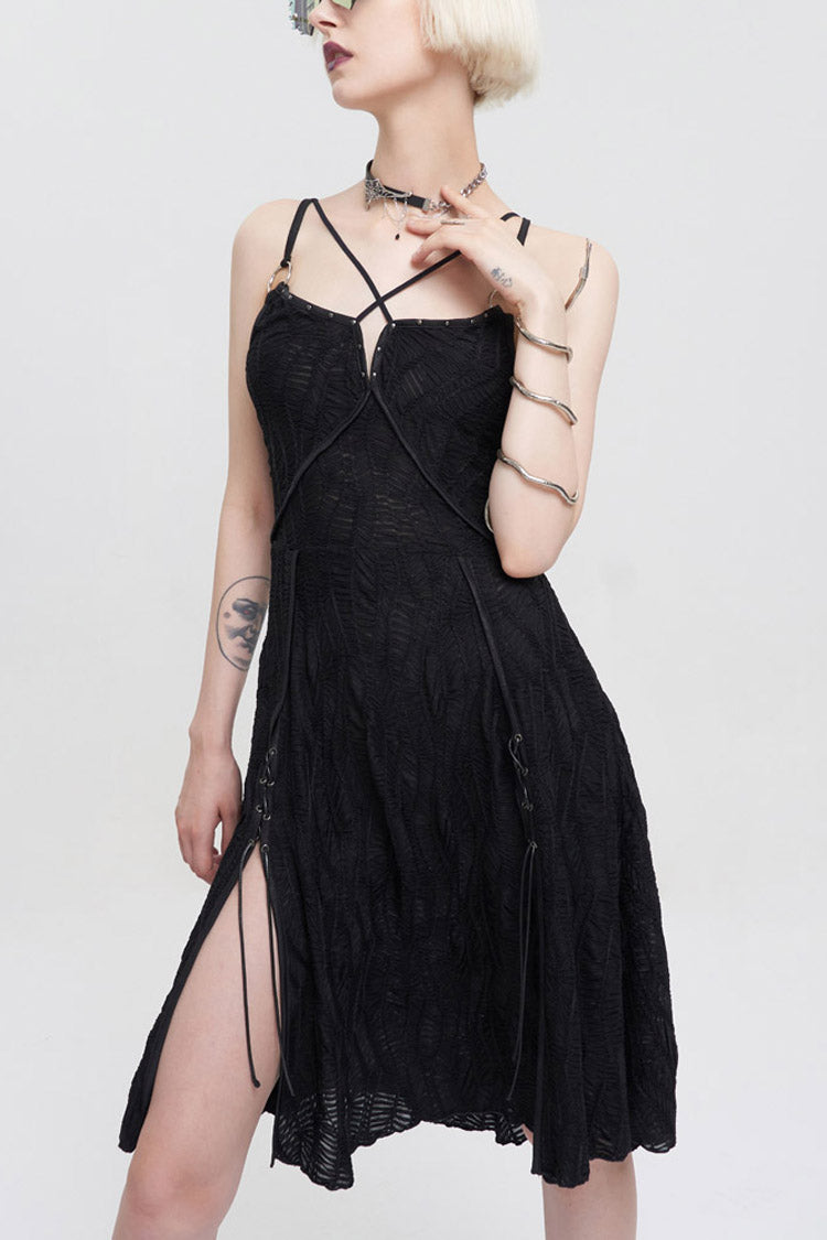 Suspenders Slit Hem Wave Stretch Fabric Punk Dress