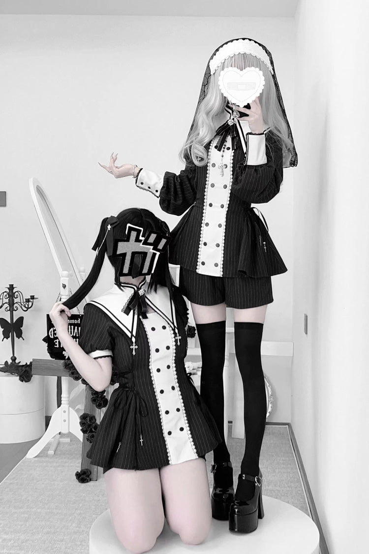 Offbeat Confession Printed Ruffled Bow Gothic Jirai Kei Dress Shorts Set