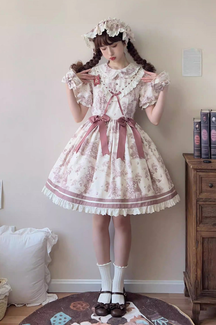 Grape Moon Almanac Short-Sleeve Multi-Layer Printed Ruffled Bow Sweet Lolita Dress