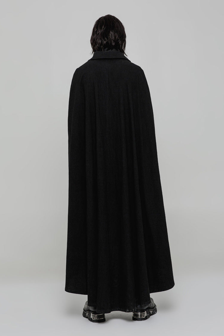 Jet-Black Woven Cloak with Metal Buttons and Asymmetric Hem for Men