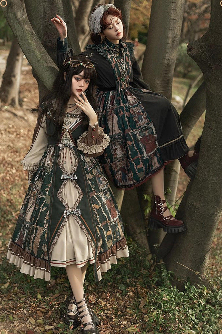 Tarot Print Puff-Sleeved Lolita Dress with Ruffles & Bow