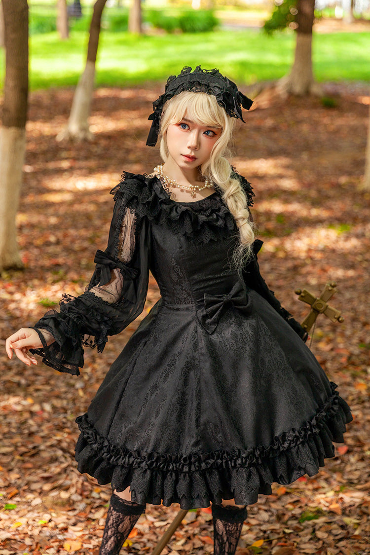 Floral Canon Round Collar Sleeveless Jacquard Printed Ruffled Bow Gothic Lolita Jsk Dress - Black