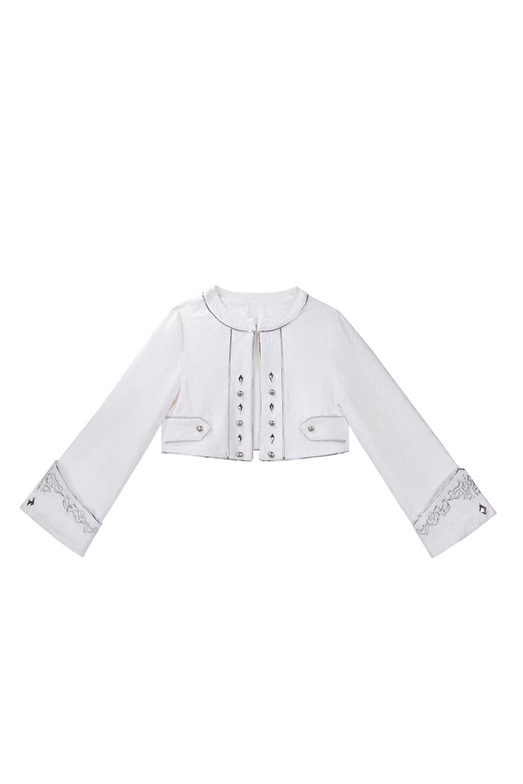Ivory Asymmetric Prince Coat Shorts Set with Bows - Silver-White Sacred Pact