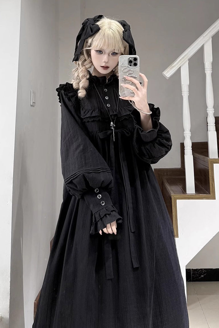 Black Gothic Nightgown with Ruffled Bow and Long Sleeves