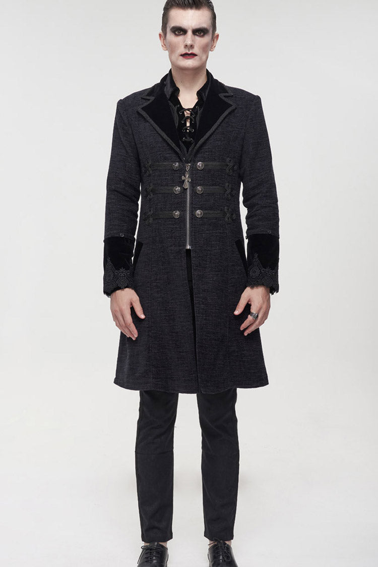 Gothic Men's Coat with Removable Fur Collar, Button Accents