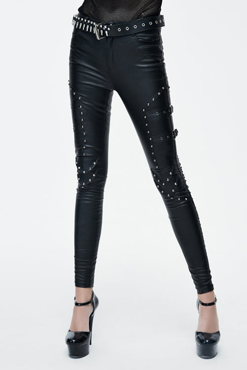 Leather Skinny Pants with Rivets and Adjustable Loops