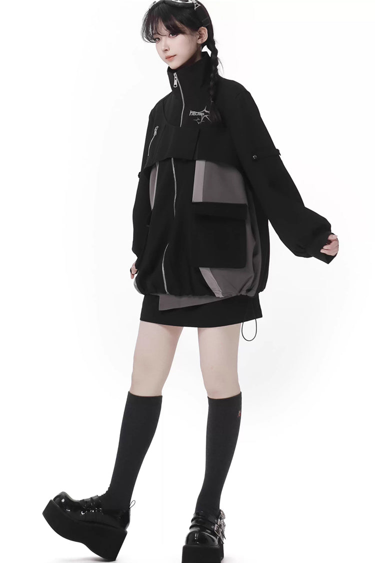 Black Techwear Zip Spliced Gothic Jirai Kei Skirt & Coat Set