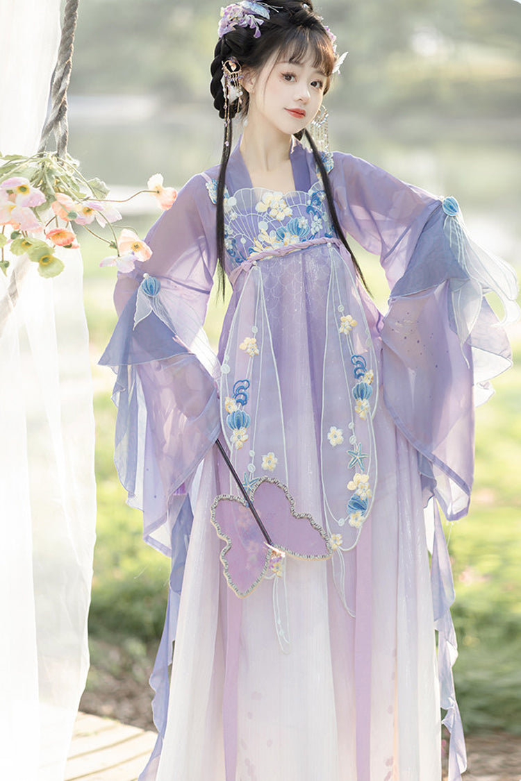 Violet Sea Princess Hime Sleeve High Waist Embroidered Hanfu Set