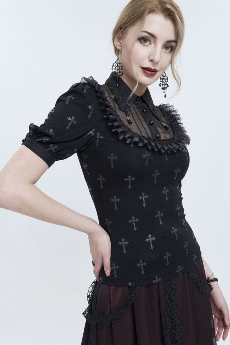 Punk Shirt with Cross Print Lace Collar Strap Pendant Chest Panel