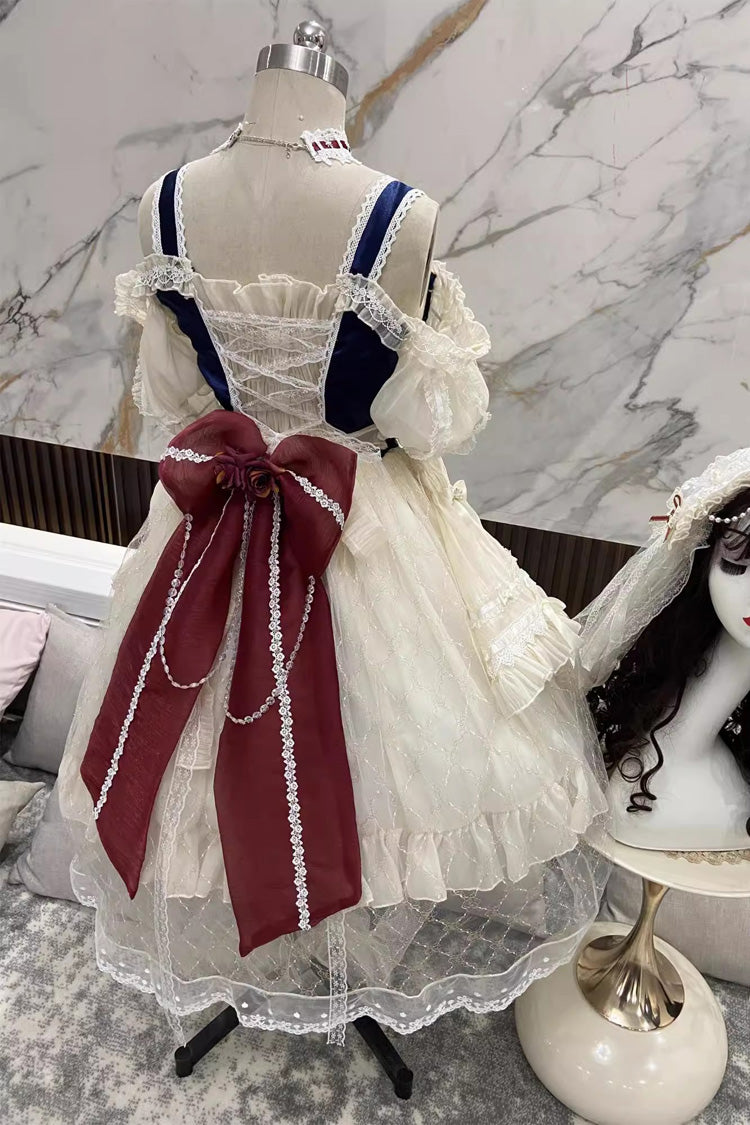 Blue and Ivory Off-Shoulder Lolita Dress with Ruffle and Bowknot Sweet Style
