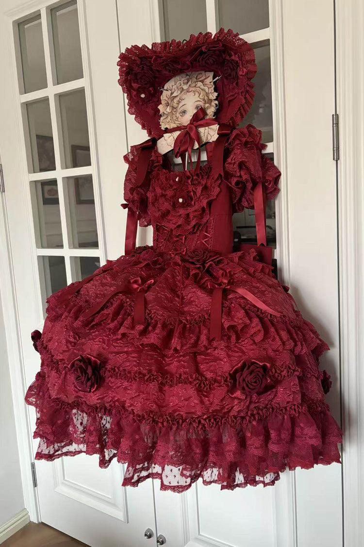Rose Manor Square Collar Short Sleeves Ruffled Bow Lace Classic Lolita Dress - Red