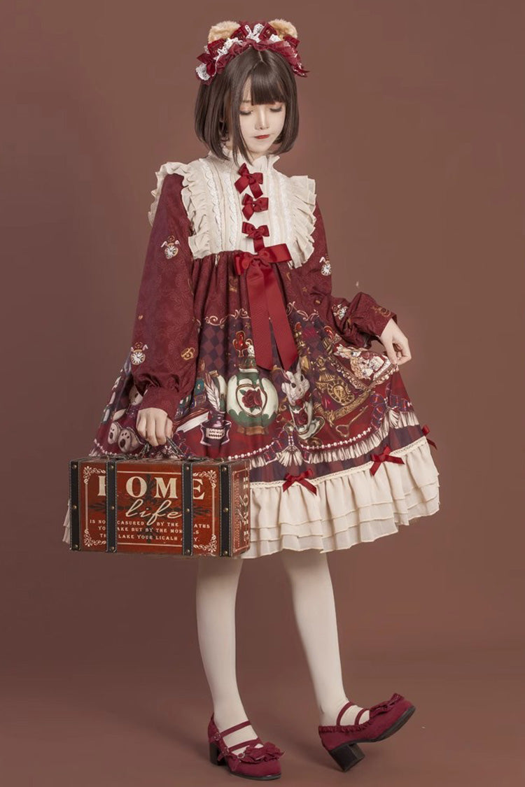 Multi-Layered Sweet Lolita Dress with Bowknot and Print - Rabbit and Bear Feast, 2 Shades