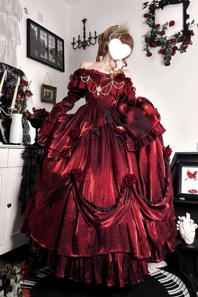 Red Rose-Printed Gothic Strapless Dress with Long Sleeves