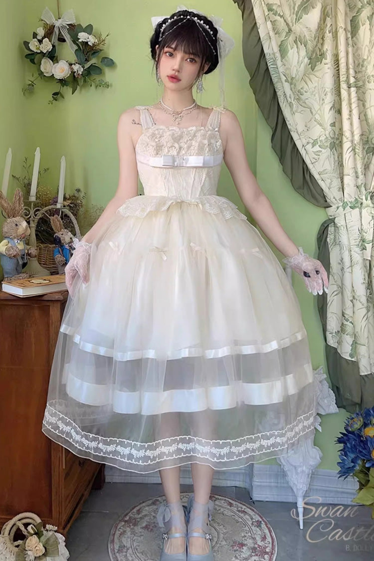 Sweet Lace JSK Long Dress with Bowknot in Ivory
