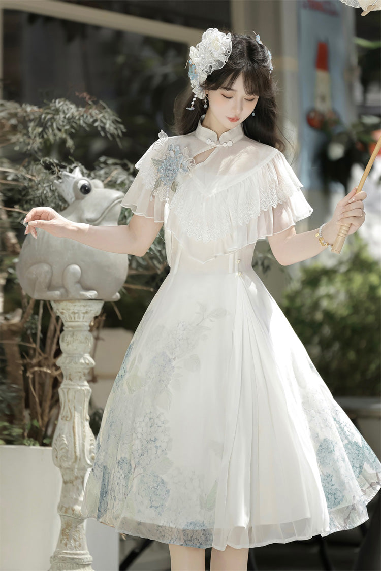 Ivory Print Ruffle Lace Chinese Elegant Short Dress