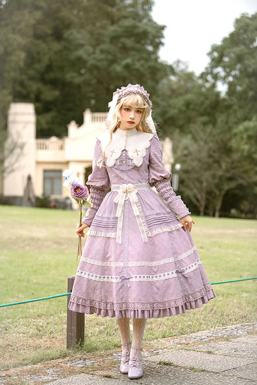 Mauve Cross Dark Church Lace Long-Sleeved Ruffled Classic OP
