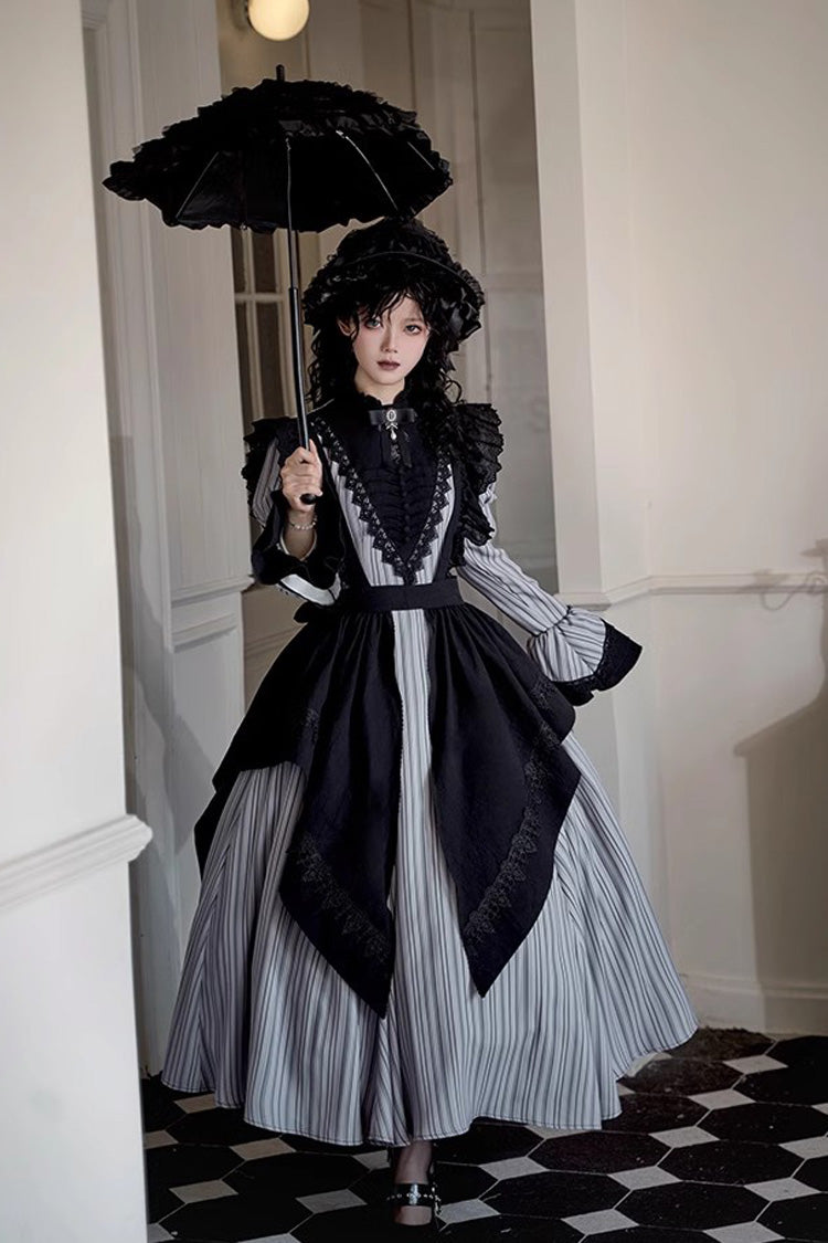 Grey Vertical-Stripe Bow Lace Gothic Gown