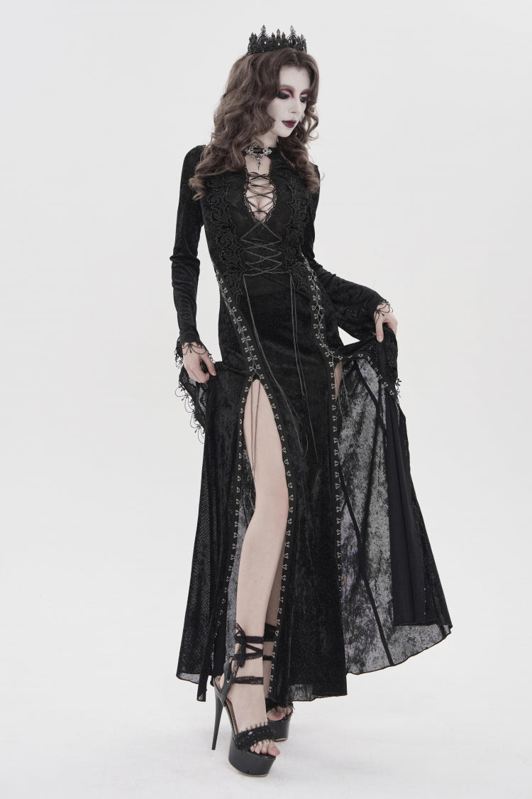 Dramatic Black Hanayome Lace Lace-Up Chain-Decorated Trumpet Sleeve Halter Gothic Plunging Split Maxi Gown