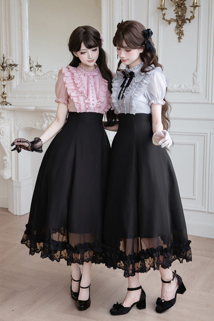 Miss Lola Snow Kiss Stand Collar Short Puff Sleeves Ruffled Color-Blocked Faux Two-Piece Sweet Lolita Long Dress 3 Colors - Black
