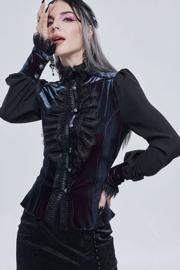 Gothic Turtleneck Shirt with Lantern Sleeves, Velvet Lace-Up, 3D Lace