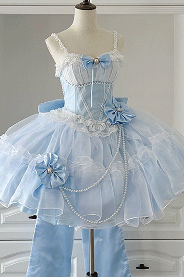 Cerulean and Ivory Porcelain Printed Ruffled Bow Lace Sweet Plus Size Lolita JSK Short Version