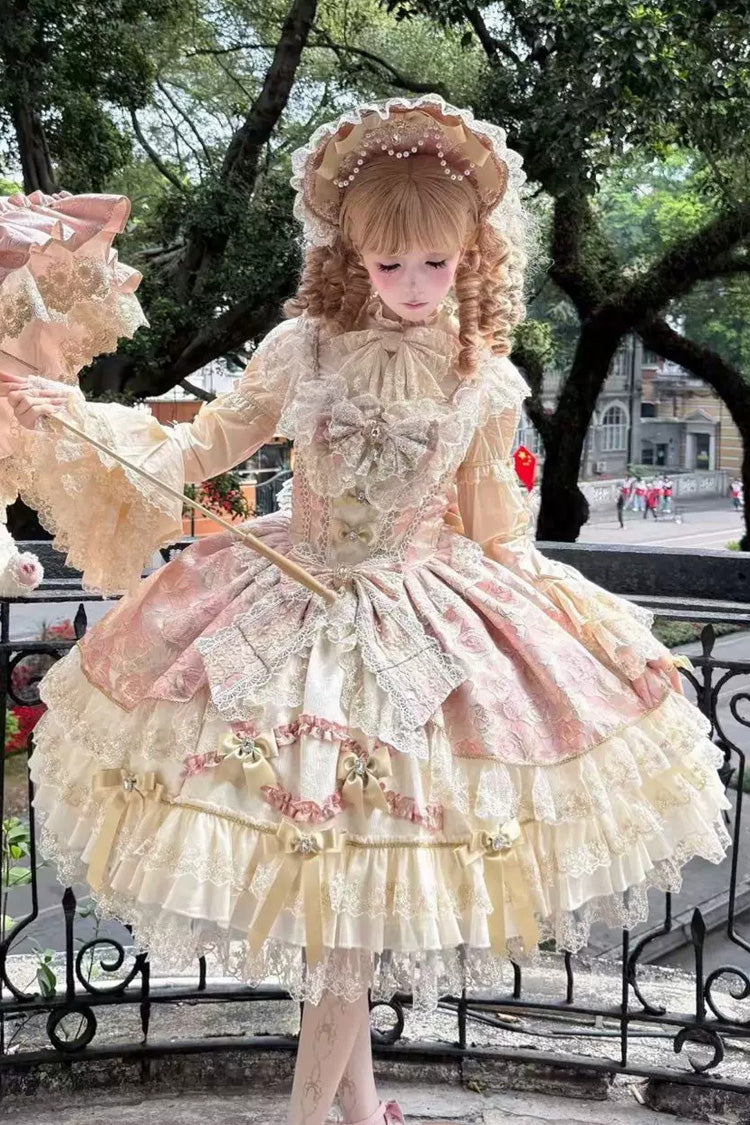 Gilded Waltz Square Collar Sleeveless Printed Embroidered Bow Lace Sweet JSK - Pink