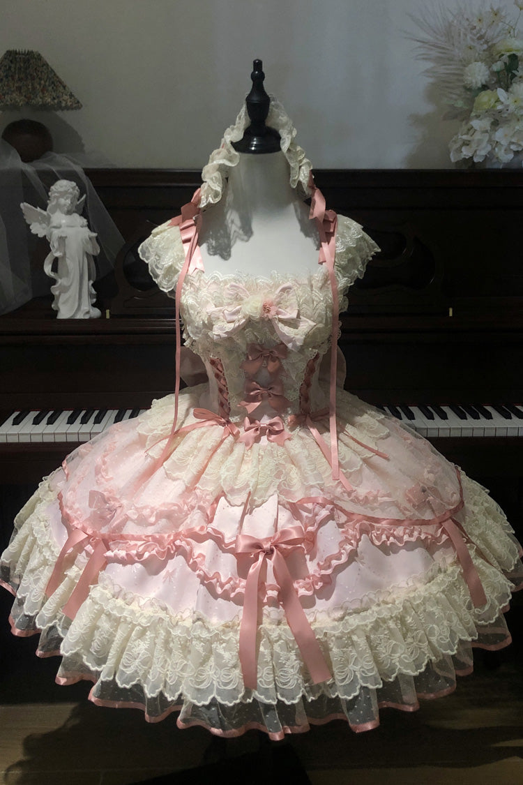 Dreaming Butterfly Pink Multi-Layered Jacquard Ruffle Bowknot Lace Sweet Princess JSK Dress