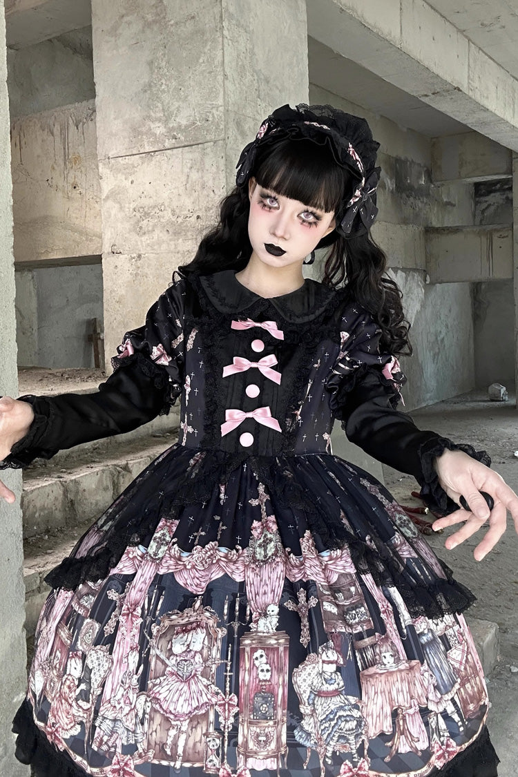 Black Missing Lamb Printed Long Sleeved Ruffled Bow Lace Gothic Lolita Dress