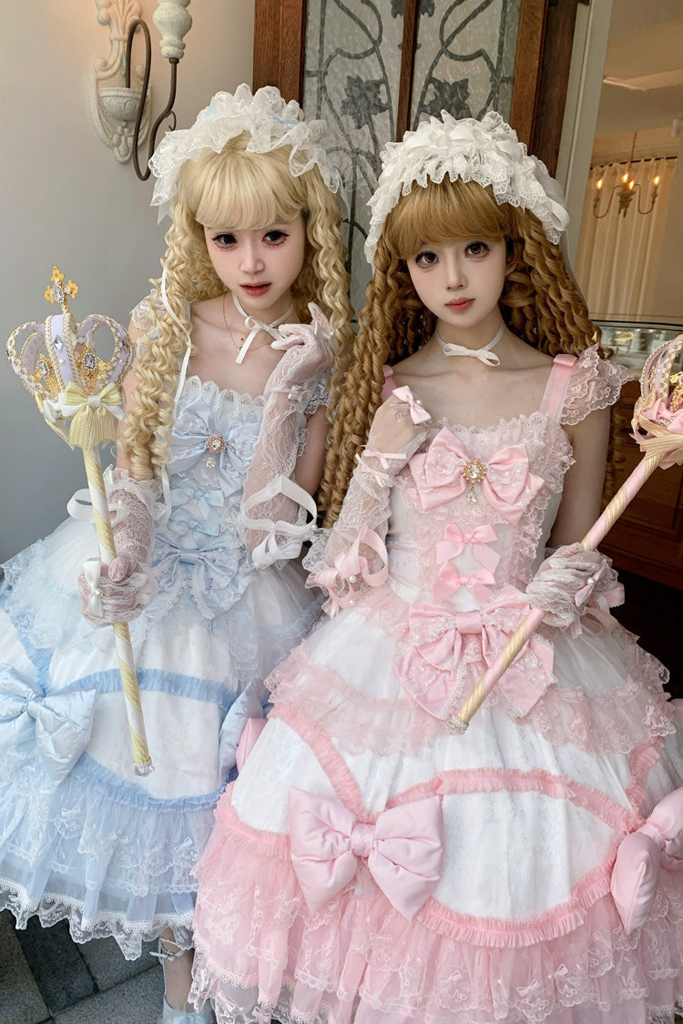 Ivory & Pink Square Collar Multi-Layer Ruffled Bow Lace Sweet Lolita JSK