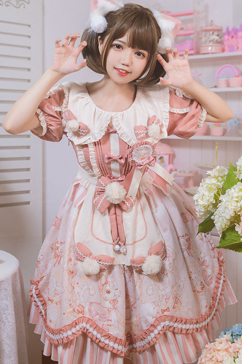 Cat Print Square Collar Ruffled Short Sleeve OP Dress