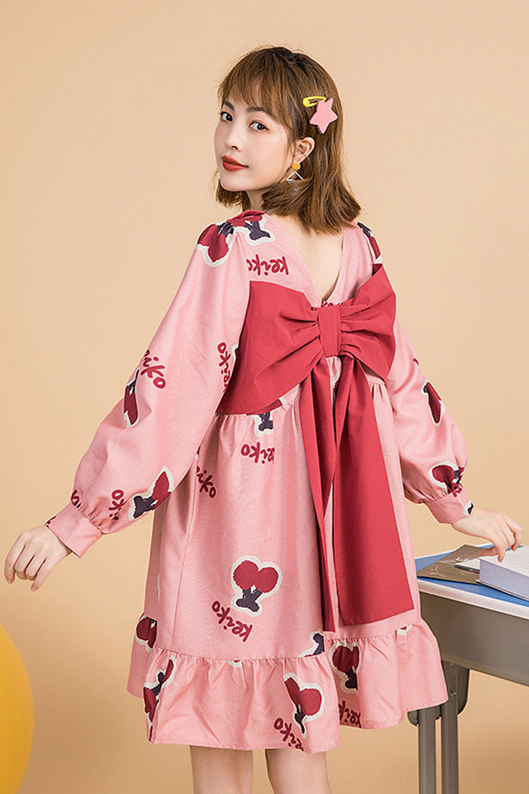 Pink Sweet Lolita Dress with Cherry Print, Lapel Collar and Ruffles - Altfashion Shop