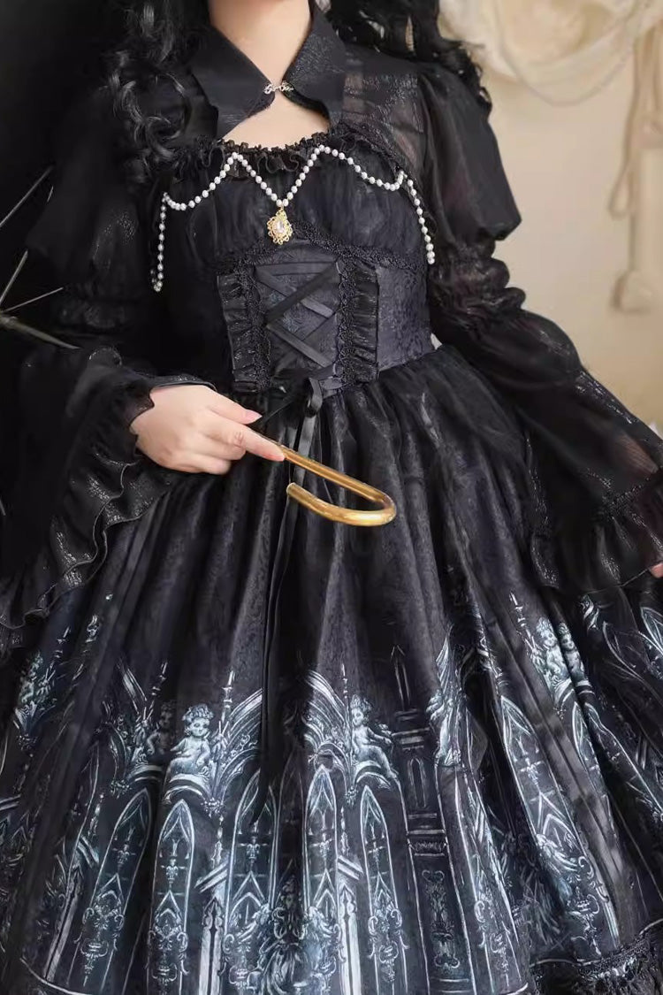 Black Sleeveless Silent Night Print Ruffle Gothic Jsk Dress