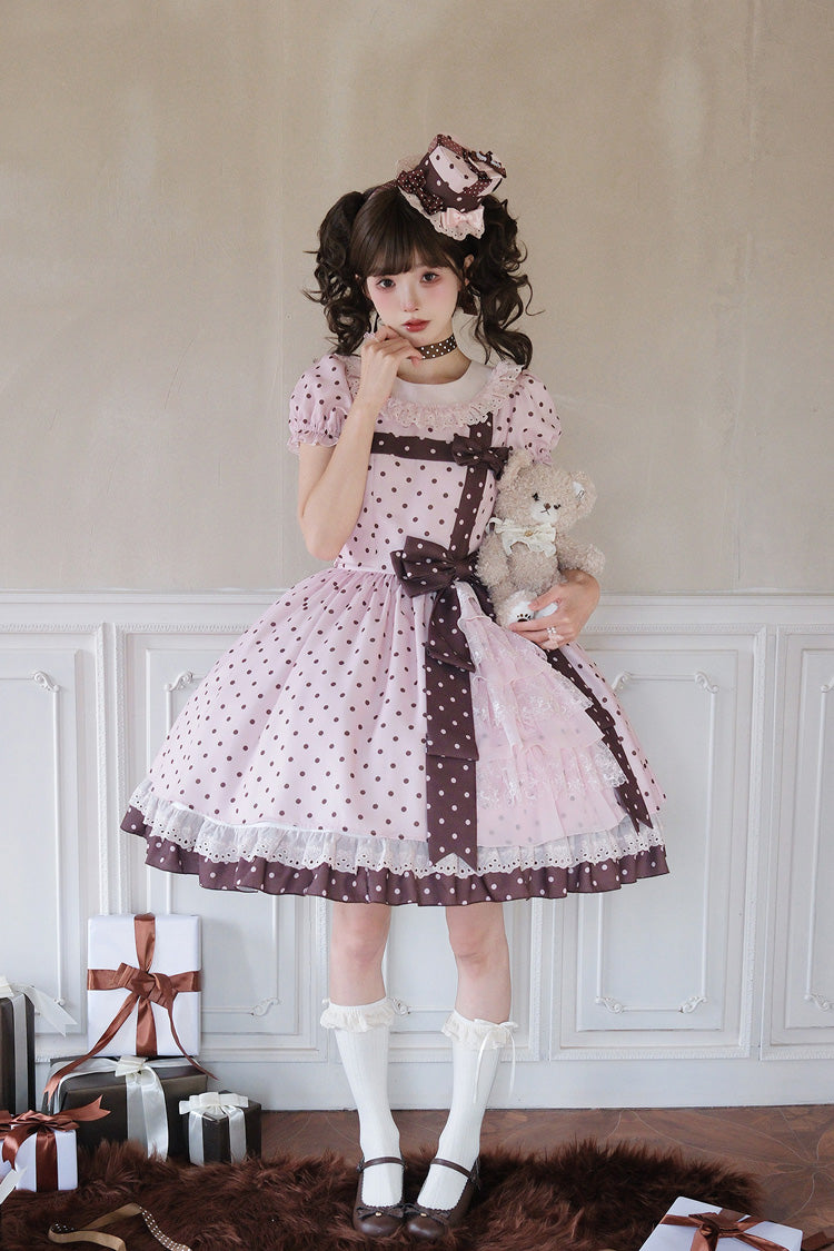Canelé Gift Box Round Collar Short Sleeves Double-Layered Printed Polka Dot Ruffled Open-Front Bow Asymmetric Sweet Lolita Dress - Pink