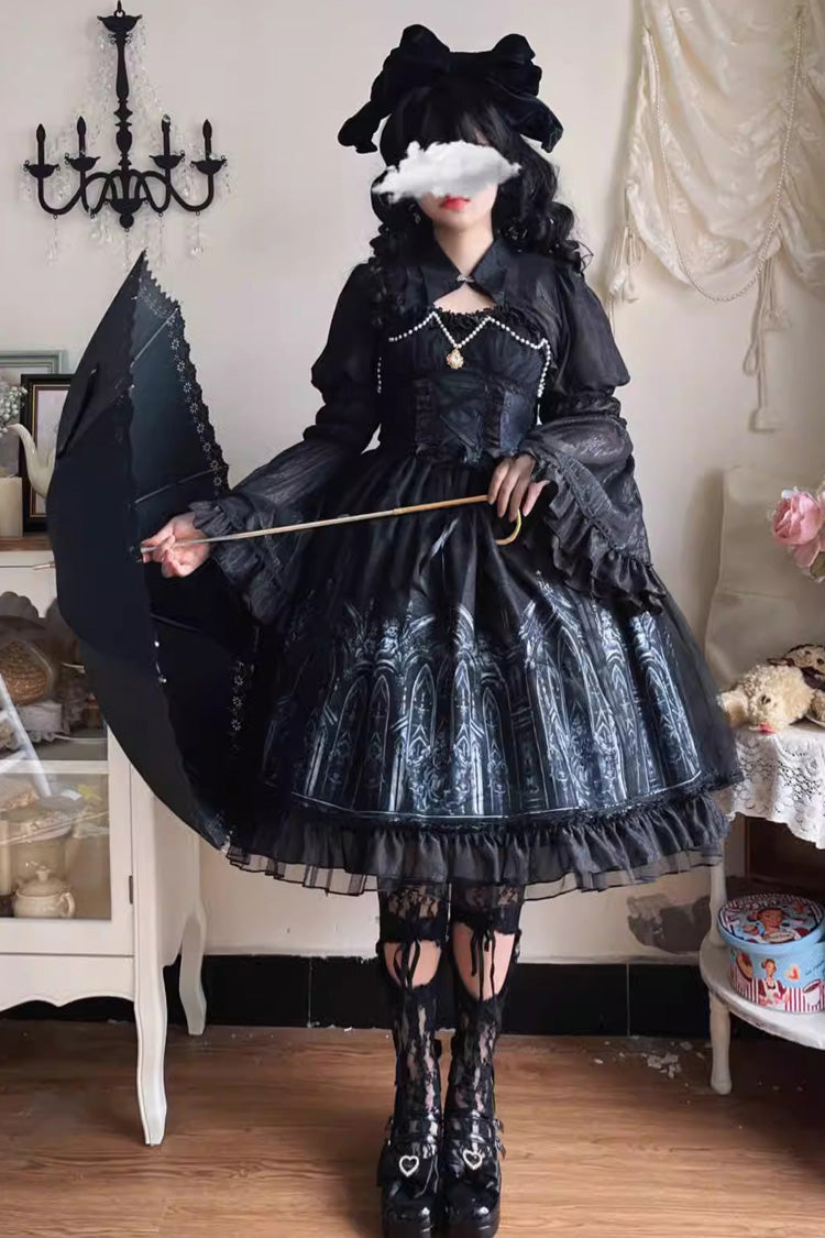 Black Sleeveless Silent Night Print Ruffle Gothic Jsk Dress