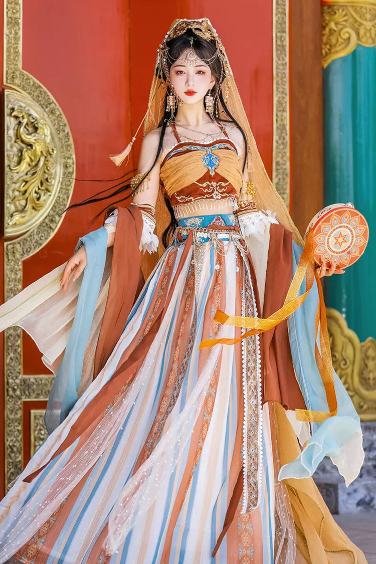 Dunhuang Hanfu Set with Exotic Print, High Waist, Irregular Hem