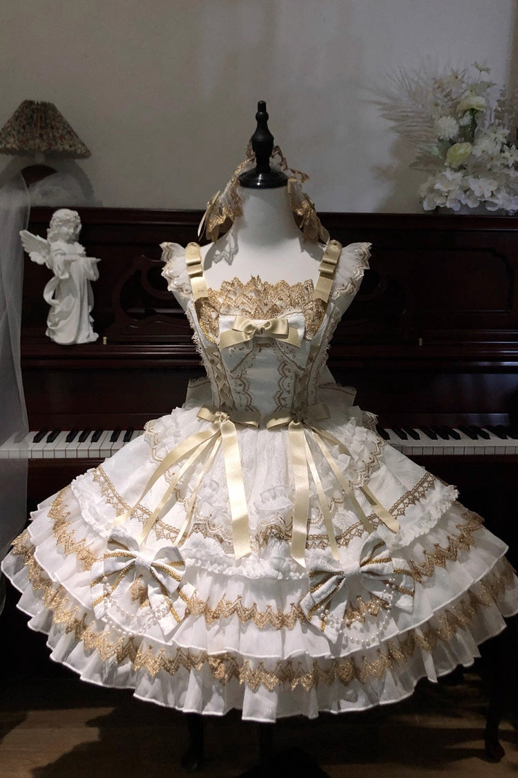 Ivory Sleeveless Double Ruffle Hot Stamping Bow Lace JSK